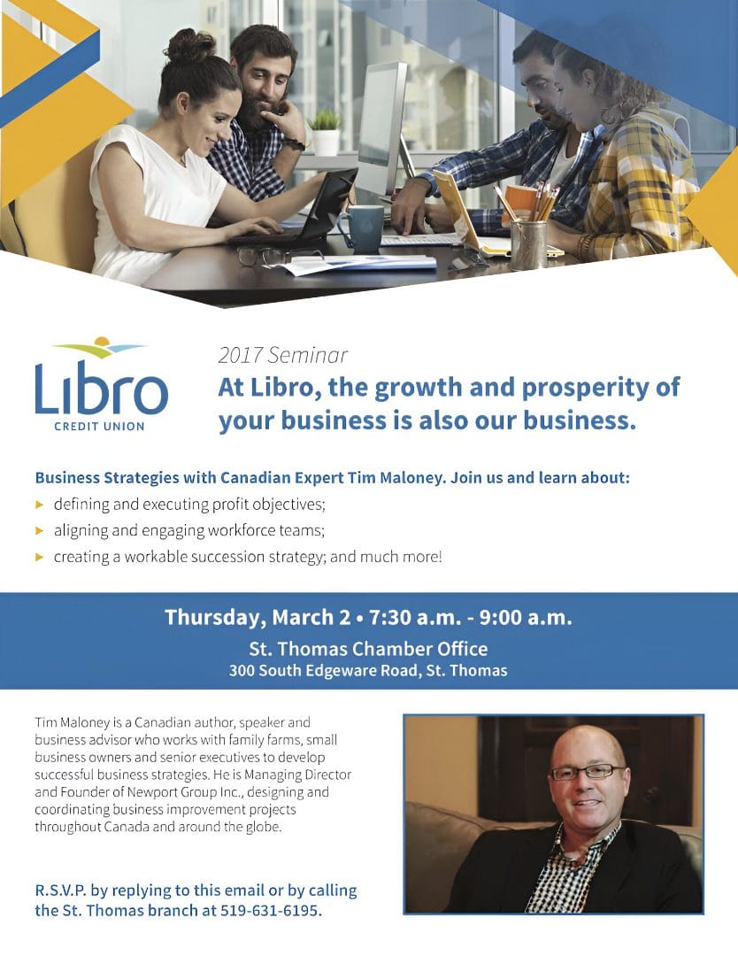 Business seminar flyer with smiling participants.